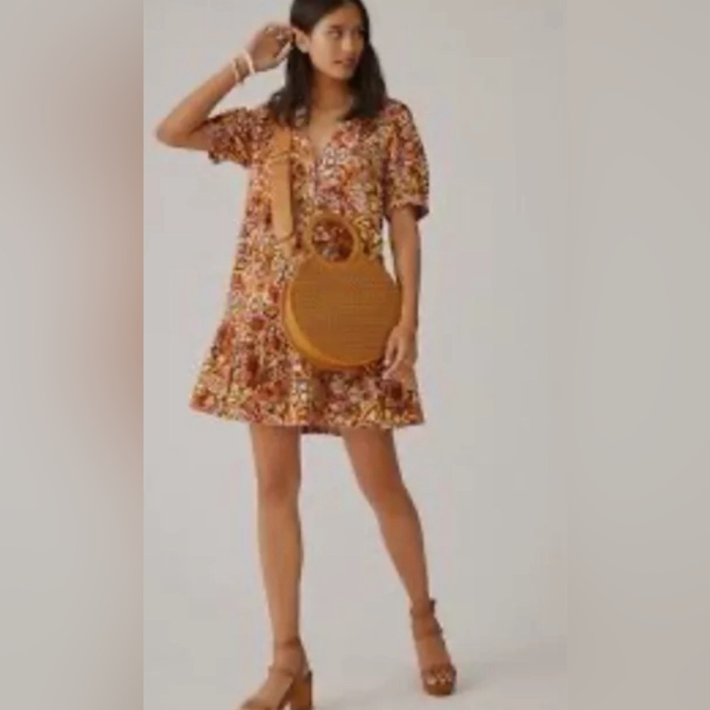 Anthropologie Pilcro Puff Sleeve Floral Dress L Cotton Linen Ruffle Tapestry